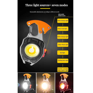 LED Key Chain Light – Rechargeable COB Mini Flashlight with 7 Modes, Magnet, Screwdriver, Bottle Opener & Seat Belt Cutter, Type-C Emergency Torch
