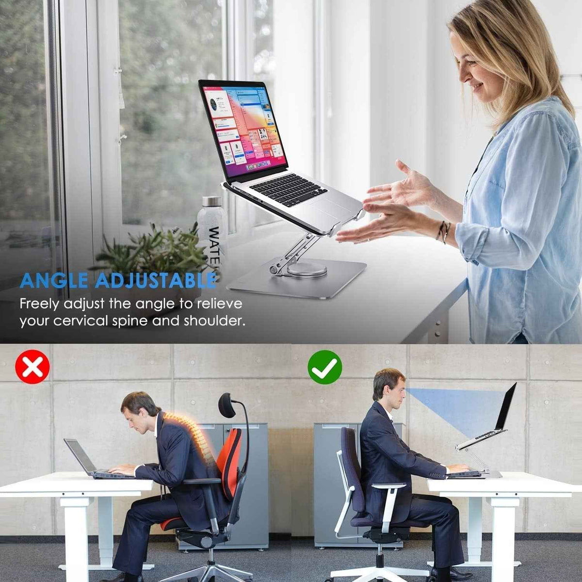360° Rotating Foldable Laptop Stand for Desk – Adjustable Aluminium Frame & Wooden Base with Anti-Slip Pads for Home & Office