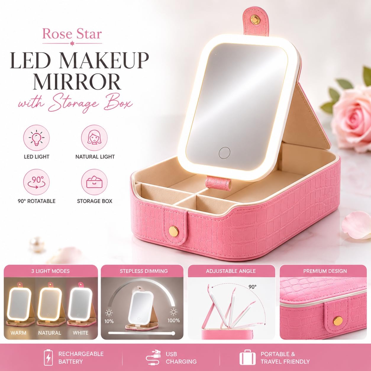 Table Lamp Makeup Mirror with LED Light RBMM-03 – Rechargeable Folding Vanity Mirror with 3 Colour Light Modes, 90° Tilt & Built-in Cosmetic Storage Box (Pink)