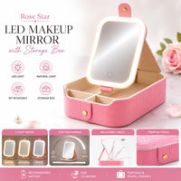 Table Lamp Makeup Mirror with LED Light RBMM-03 – Rechargeable Folding Vanity Mirror with 3 Colour Light Modes, 90° Tilt & Built-in Cosmetic Storage Box (Pink)