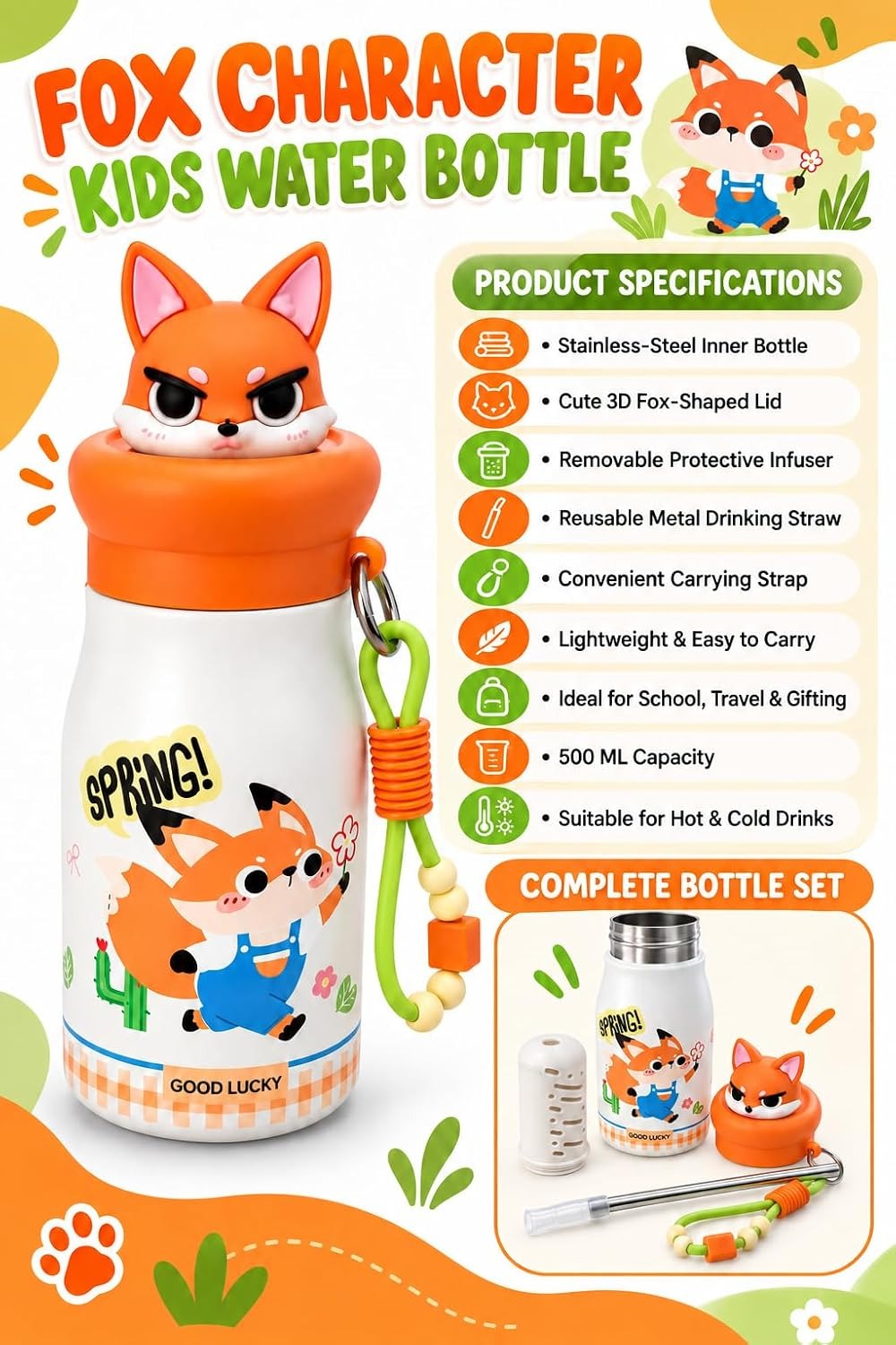 Kids Water Bottle Animal Design-500ml – Cute Fox Stainless Steel Insulated Flask with Straw, Infuser & Carry Strap