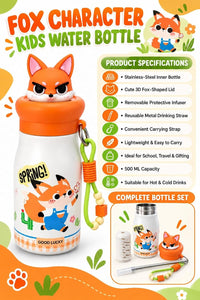 Kids Water Bottle Animal Design-500ml – Cute Fox Stainless Steel Insulated Flask with Straw, Infuser & Carry Strap