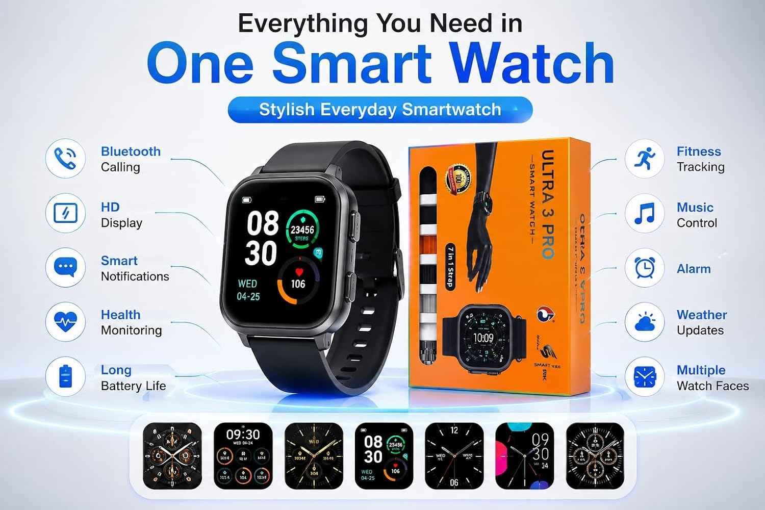 Watch Ultra 3 Max – Bluetooth Calling Smartwatch with 7 Strap Combo, Fitness Tracker, Heart Rate & SpO₂ Monitor for Men & Women