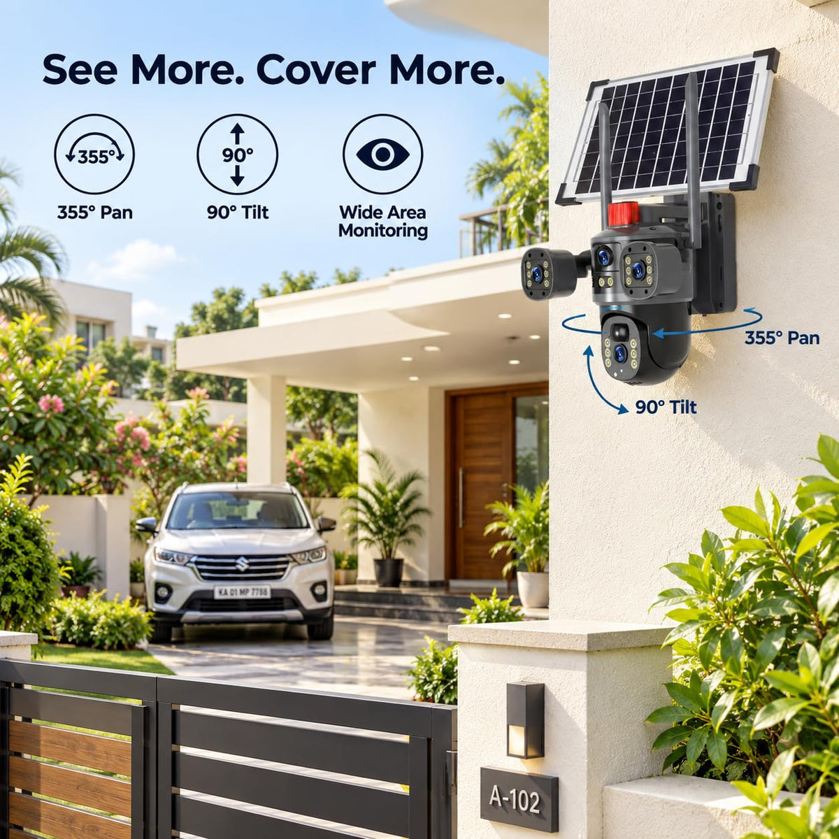 Ai Solar Camera 3in1 – 5MP Triple Lens 4G SIM Outdoor Security Camera with 360° Pan, Colour Night Vision & AI Human Detection (Black)