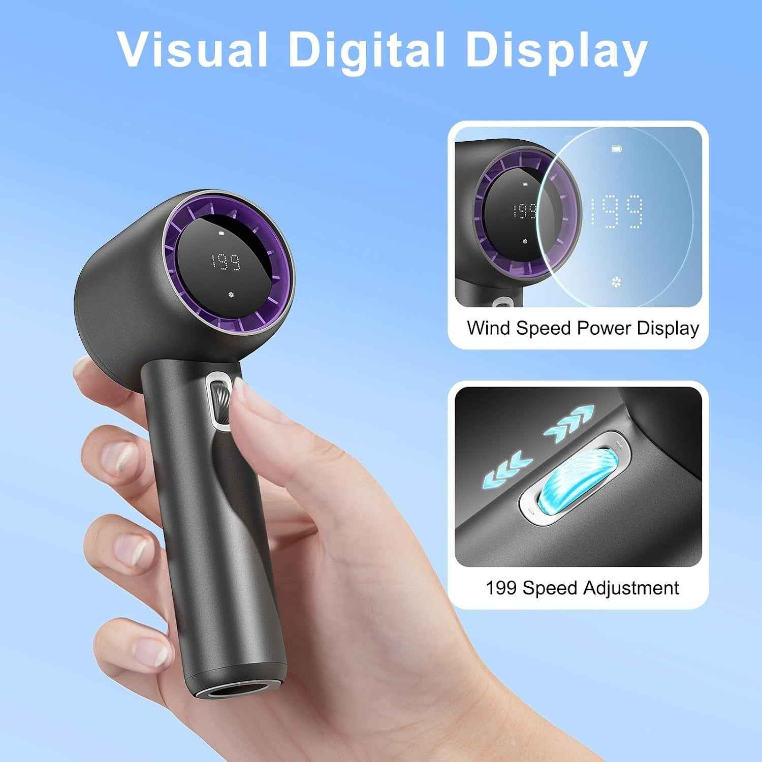 Handheld High-Speed Fan F1 – 3500mAh Rechargeable Mini Fan with Digital Display for Travel & Outdoor