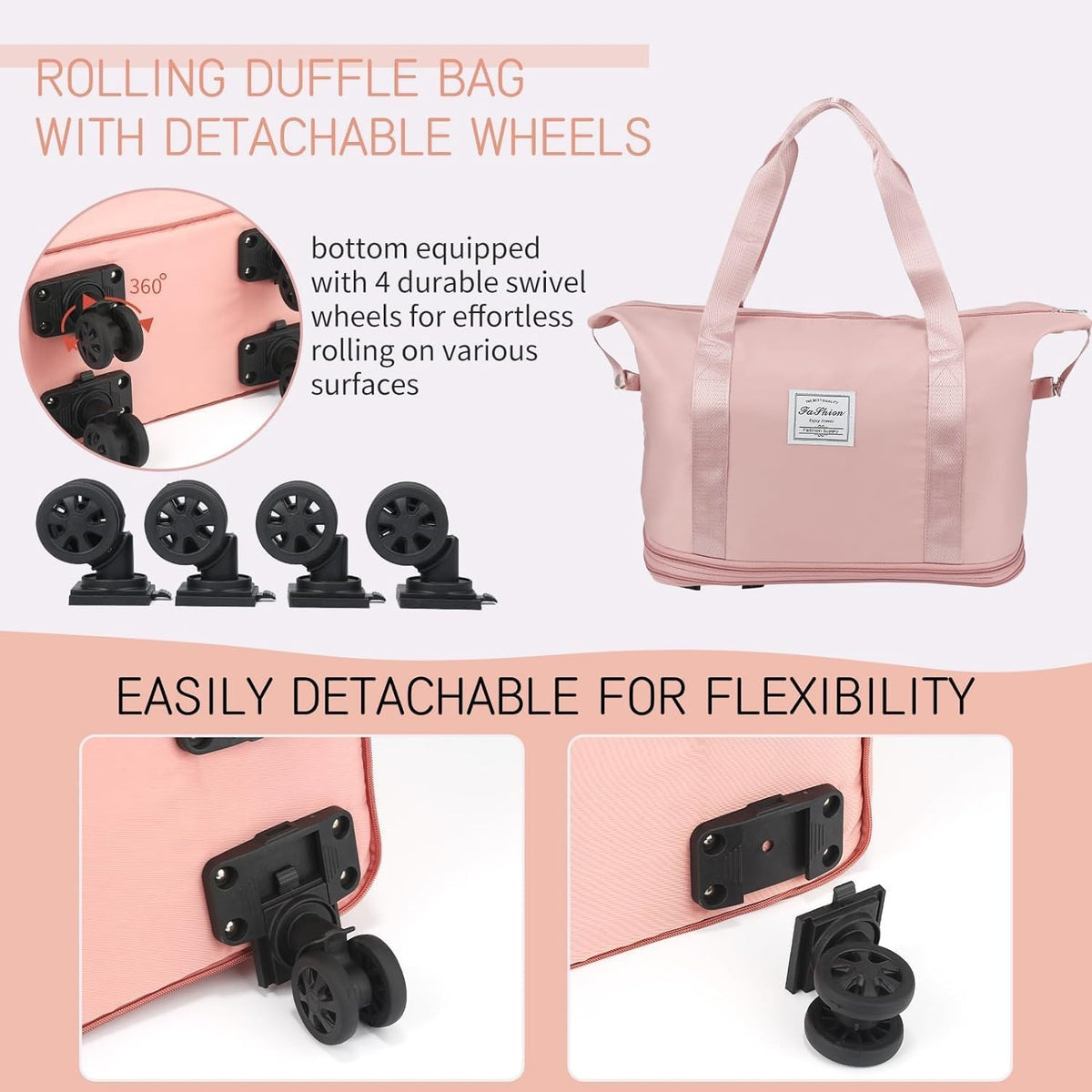 Foldable Travel Bag with Wheels – Expandable Duffle Bag with Smooth-Rolling Wheels, Zipper Closure & Adjustable Shoulder Strap, Water-Resistant Travel Duffel
