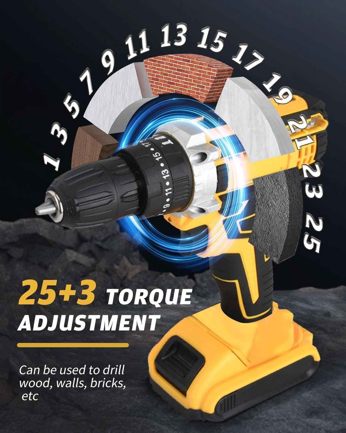 Cordless Drill Box 21V Cordless Drill & Screwdriver Set – 3-in-1 Hammer Drill with 38N.m Torque, 2 Batteries, LED Light & 25+3 Clutch for DIY & Professional Use