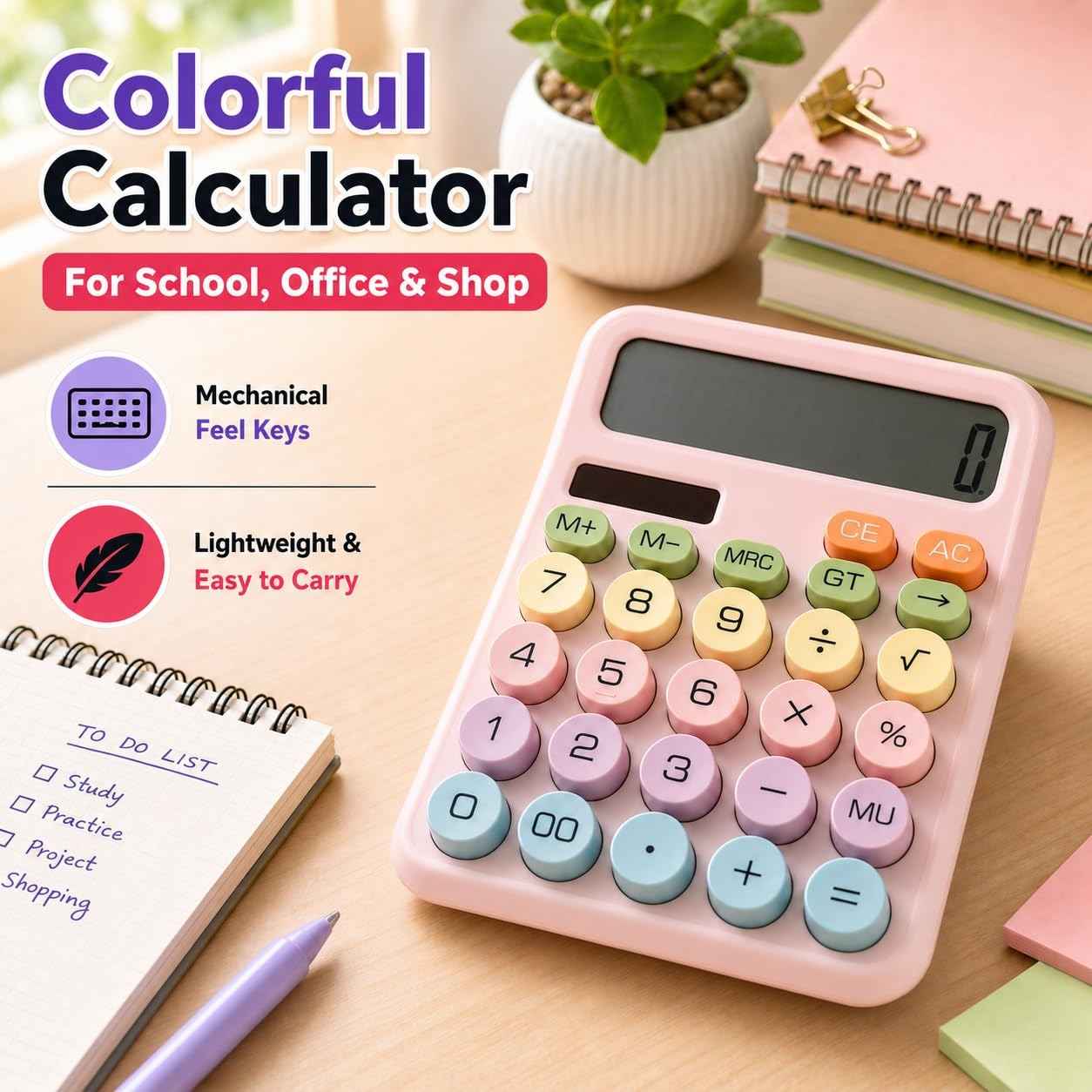 SIWRP Calculator 12-Digit Desk Calculator – Pink Colorful Design with Large Display, Easy-Press Keys & Compact Body for School, Office & Shop
