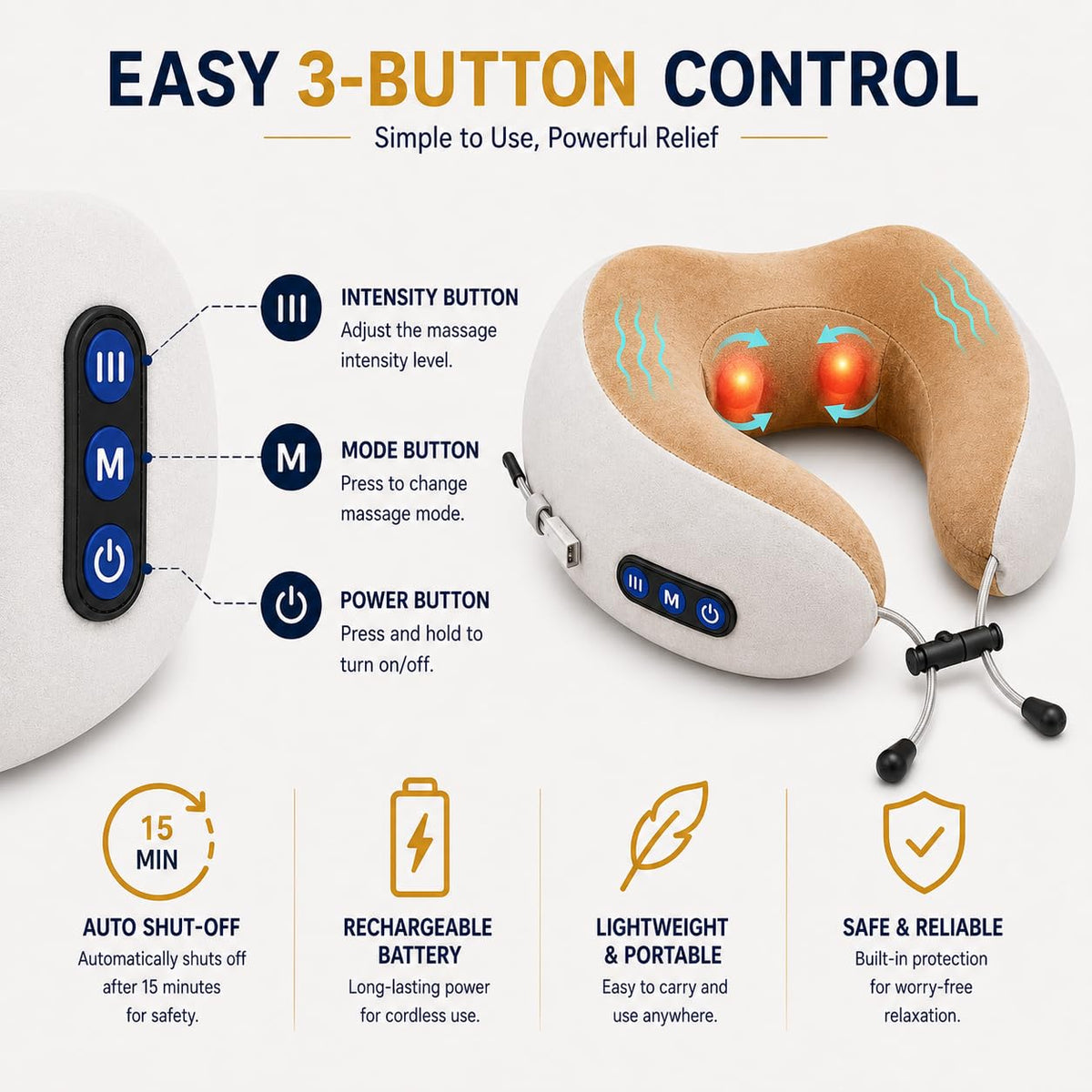 Neck Massage Pillow Cordless & Rechargeable – Shiatsu Neck & Shoulder Massager with Heat, 4 Deep-Kneading Nodes & 15-Min Auto Shut-Off for Home, Office, Car & Travel