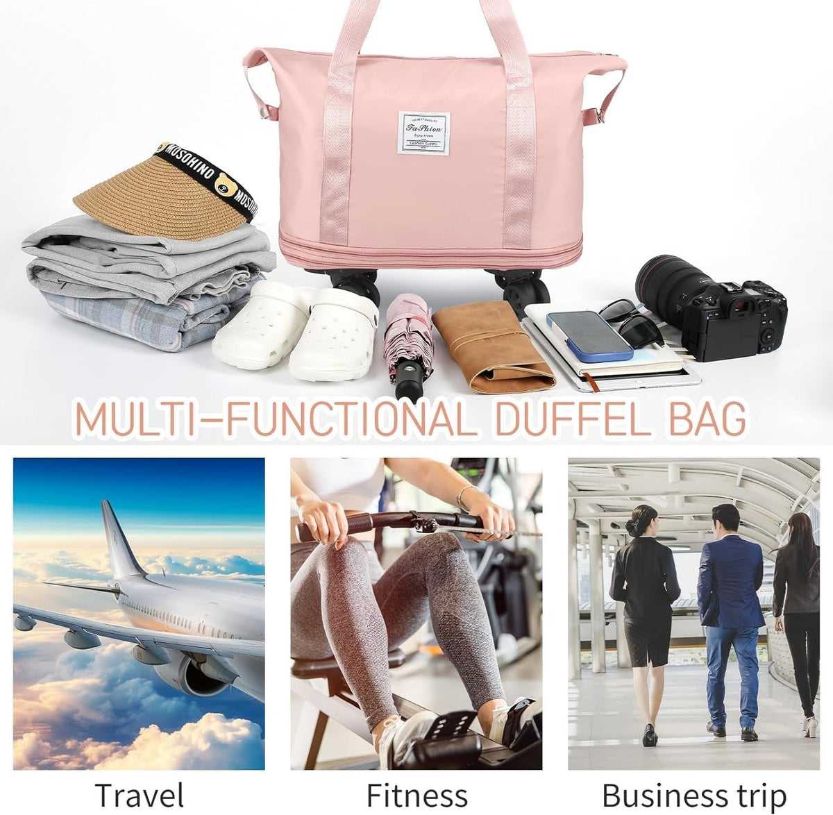 Foldable Travel Bag with Wheels – Expandable Duffle Bag with Smooth-Rolling Wheels, Zipper Closure & Adjustable Shoulder Strap, Water-Resistant Travel Duffel