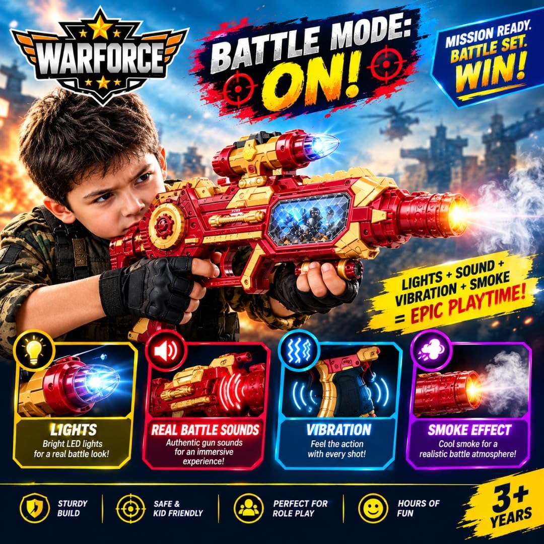 Battle Blaster Gun For Kids – Battery Operated Toy Blaster with Light, Sound, Vibration & Smoke Effect for Ages 3+ (Red & Gold)