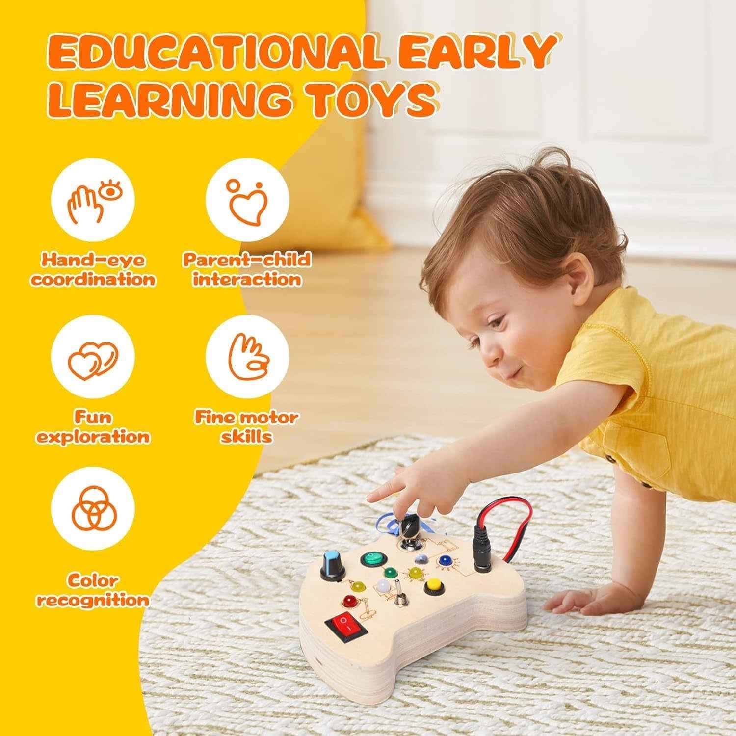 Wooden Busy Board — Controller-Shaped Sensory Toy with LED Lights, Switches & Keys for Toddlers 1–3