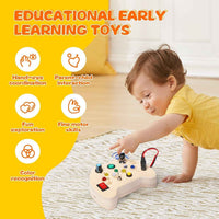 Wooden Busy Board — Controller-Shaped Sensory Toy with LED Lights, Switches & Keys for Toddlers 1–3