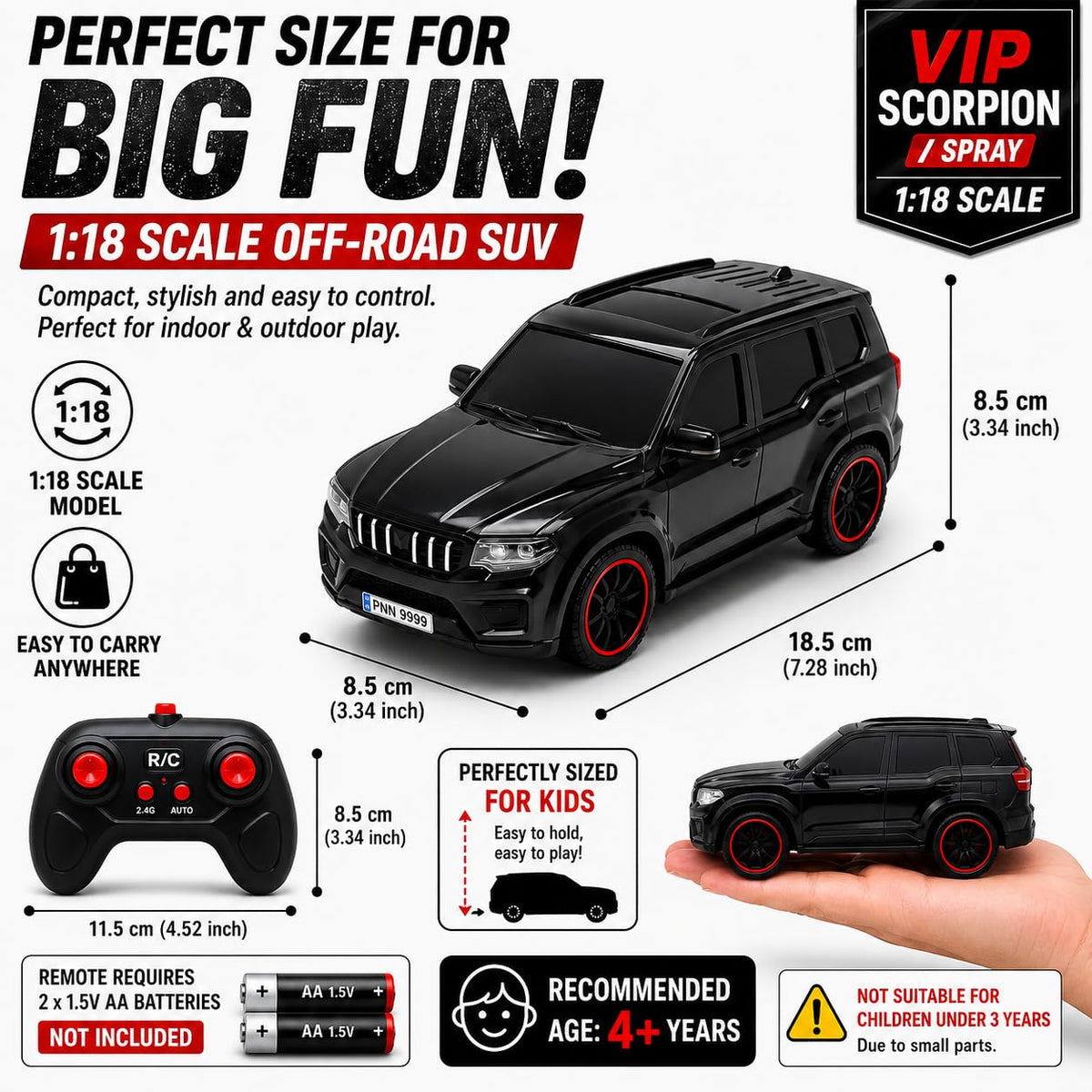 Remote Control Scorpio N Car – Spray, Lights and Music | 1:18 Scale 2.4GHz RC SUV with Police Siren & Rechargeable Battery for Kids 4+
