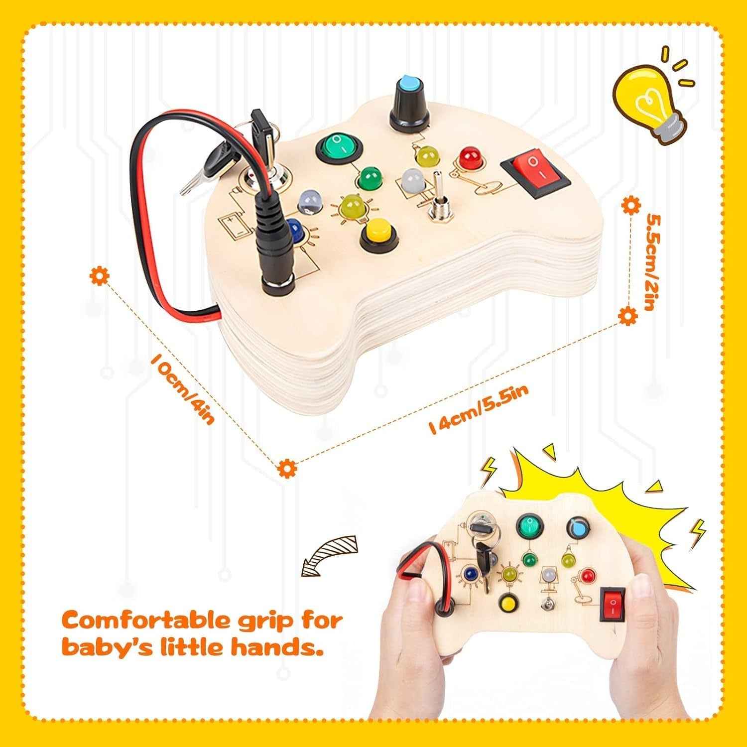 Wooden Busy Board — Controller-Shaped Sensory Toy with LED Lights, Switches & Keys for Toddlers 1–3