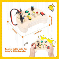 Wooden Busy Board — Controller-Shaped Sensory Toy with LED Lights, Switches & Keys for Toddlers 1–3