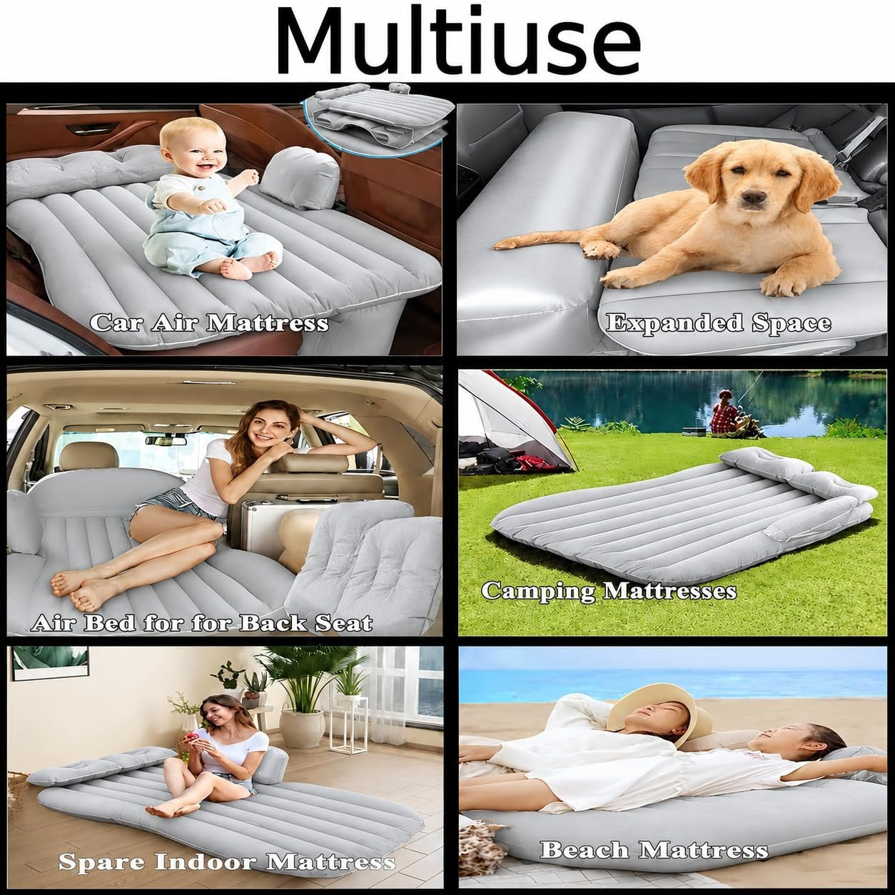 Car Inflatable Bed Mattress 130 × 80 cm – Portable Back Seat Air Bed with 12V Electric Pump & 2 Air Pillows for Travel, Camping & Road Trips (Silver)