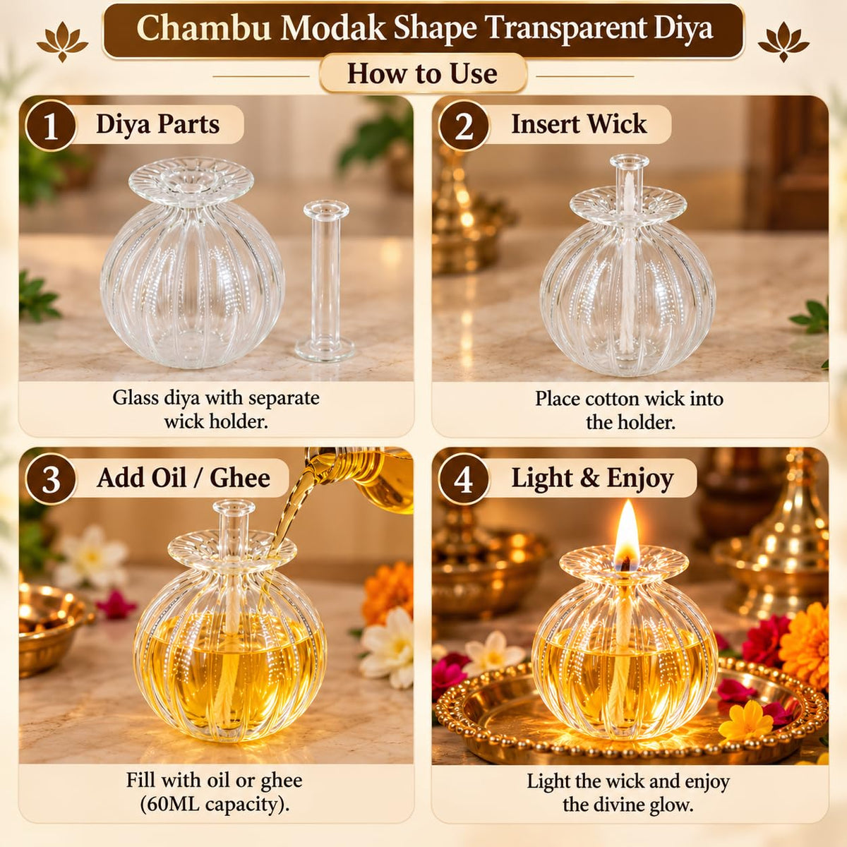 Modak Shape Diya, Diwali Decoration for Home – Transparent Borosilicate Glass Oil Diya