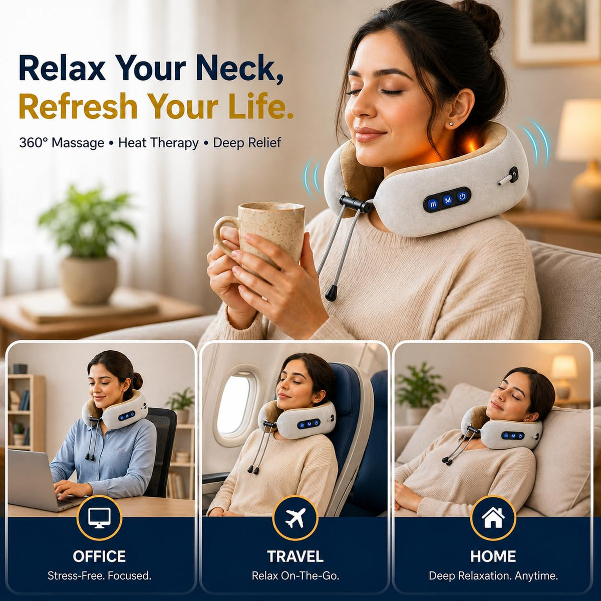 Neck Massage Pillow Cordless & Rechargeable – Shiatsu Neck & Shoulder Massager with Heat, 4 Deep-Kneading Nodes & 15-Min Auto Shut-Off for Home, Office, Car & Travel