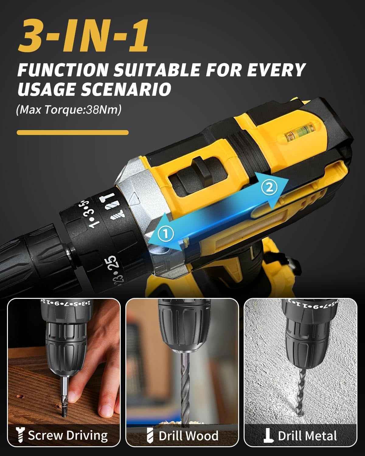 Cordless Drill Box 21V Cordless Drill & Screwdriver Set – 3-in-1 Hammer Drill with 38N.m Torque, 2 Batteries, LED Light & 25+3 Clutch for DIY & Professional Use