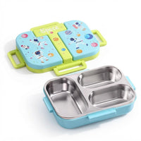 Lax Son SUS 304 Stainless Steel Lunch Box for Kids – 3 Compartment Leak-Resistant Clip-Lock Bento Tiffin with Side Handles, BPA-Free Body for School & Travel