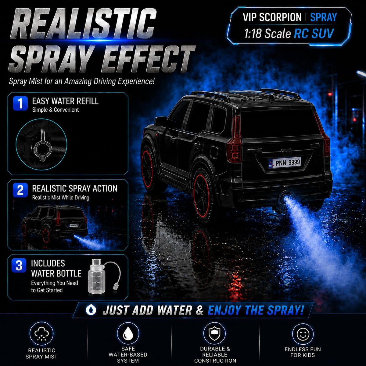 Remote Control Scorpio N Car – Spray, Lights and Music | 1:18 Scale 2.4GHz RC SUV with Police Siren & Rechargeable Battery for Kids 4+