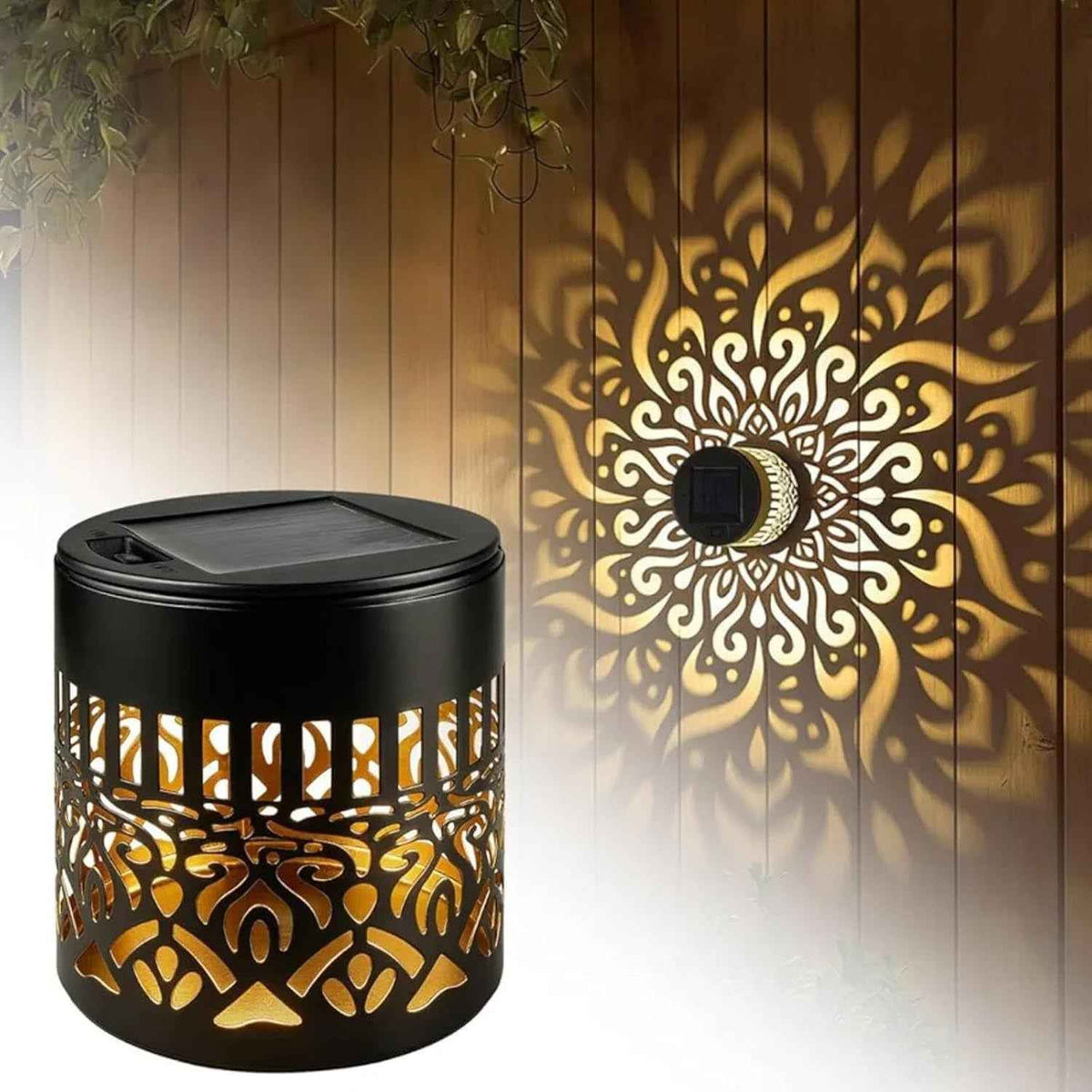 Solar Atmosphere Wall Lamp – Mandala Outdoor Solar Light with USB Cable, 1200mAh & Auto Dusk Glow for Garden, Fence & Deck (Black)