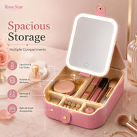 Table Lamp Makeup Mirror with LED Light RBMM-03 – Rechargeable Folding Vanity Mirror with 3 Colour Light Modes, 90° Tilt & Built-in Cosmetic Storage Box (Pink)