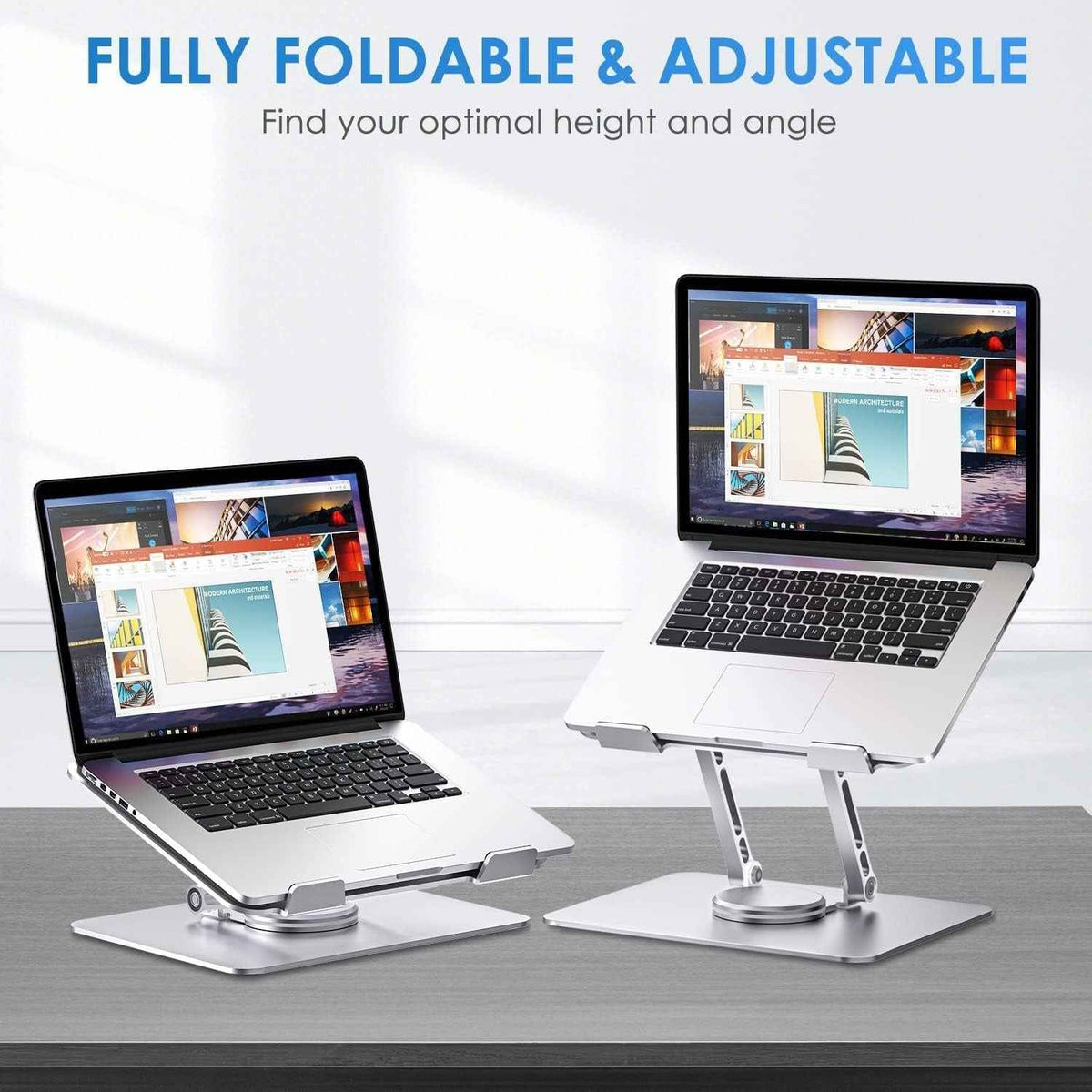 360° Rotating Foldable Laptop Stand for Desk – Adjustable Aluminium Frame & Wooden Base with Anti-Slip Pads for Home & Office