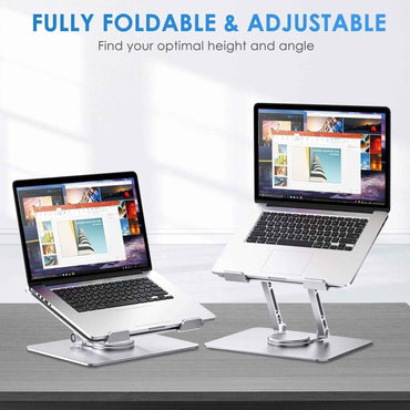360° Rotating Foldable Laptop Stand for Desk – Adjustable Aluminium Frame & Wooden Base with Anti-Slip Pads for Home & Office
