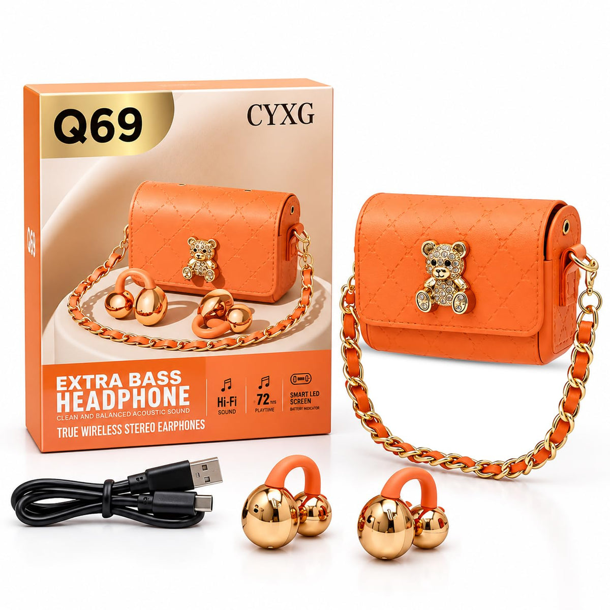 Q69 True Wireless Stereo Earphones with Mini Bag, With charging Cable