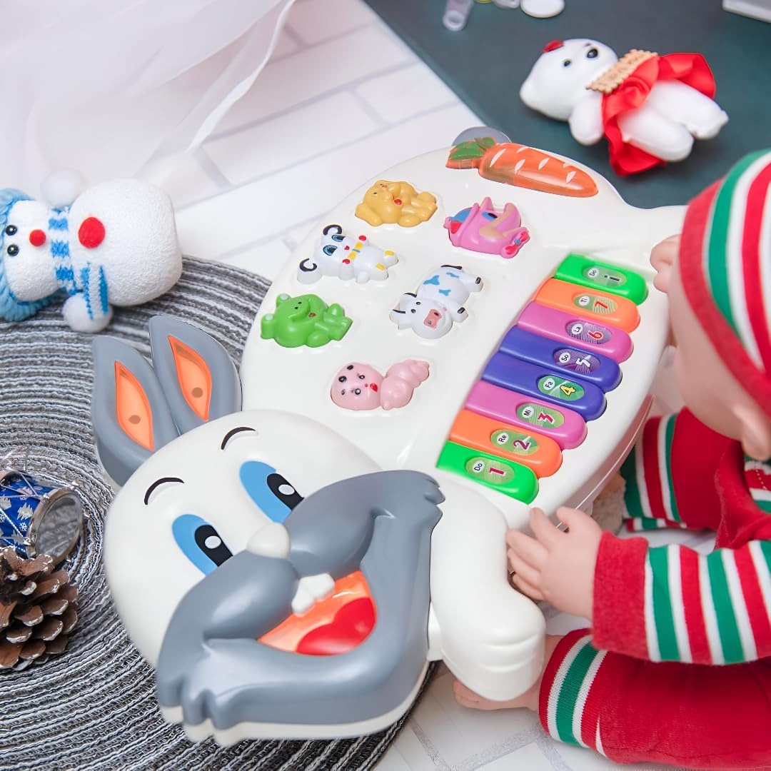Musical Rabbit Piano Toy for Kids – 8 Colourful Big Keys Rabbit Keyboard with 3 Play Modes, Animal Sounds & Flashing Lights for Toddlers 1-5 Years