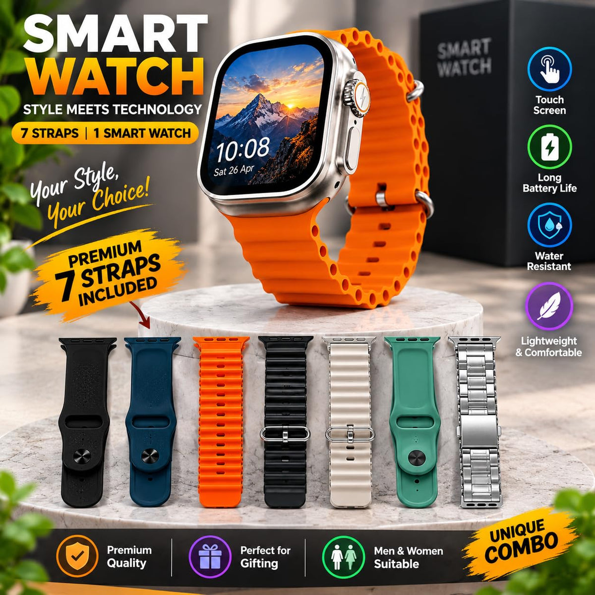 Ultra -3- 7 in 1 Strap Watch – 2.01" Touch Smartwatch with 7 Interchangeable Straps for Men & Women