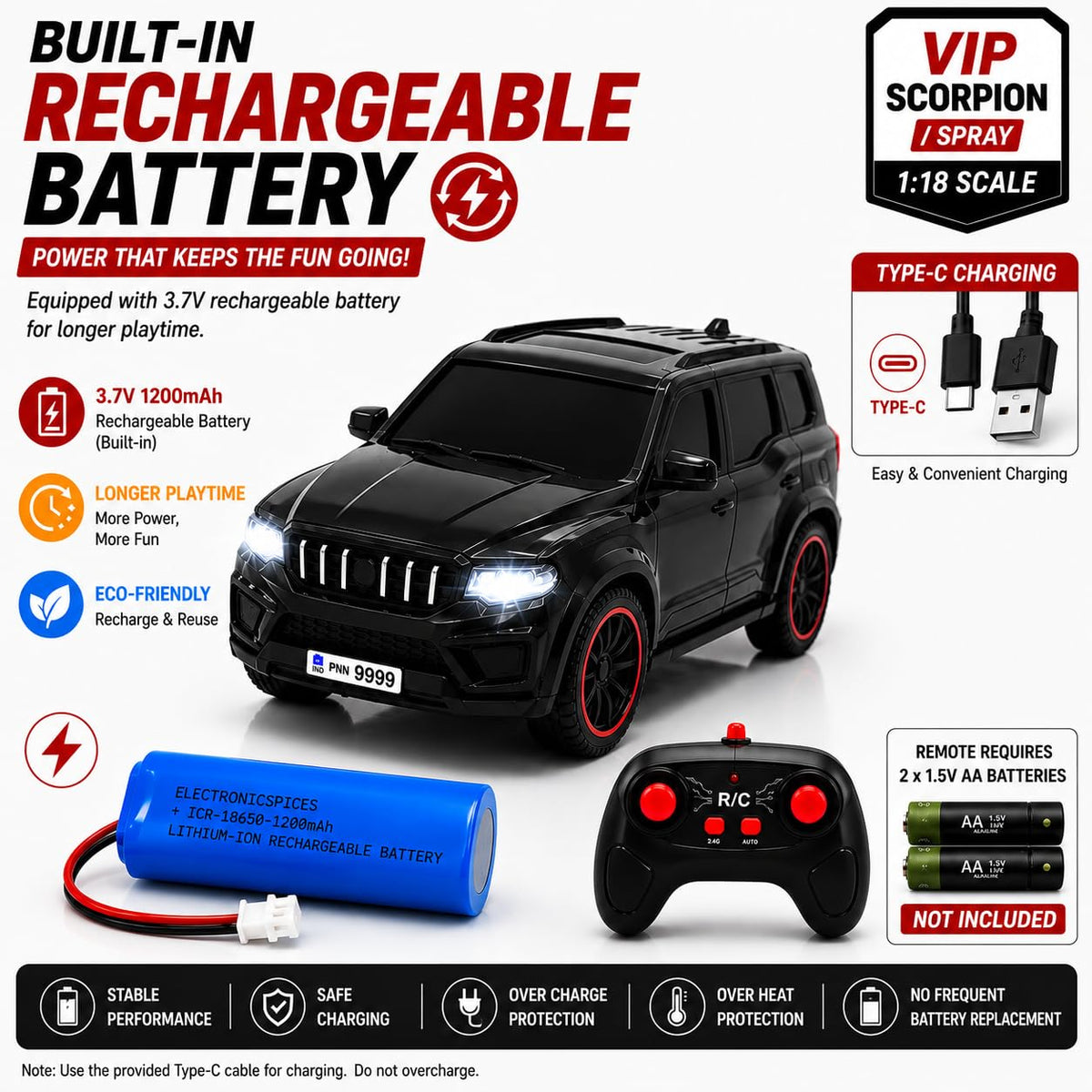 Remote Control Scorpio N Car – Spray, Lights and Music | 1:18 Scale 2.4GHz RC SUV with Police Siren & Rechargeable Battery for Kids 4+