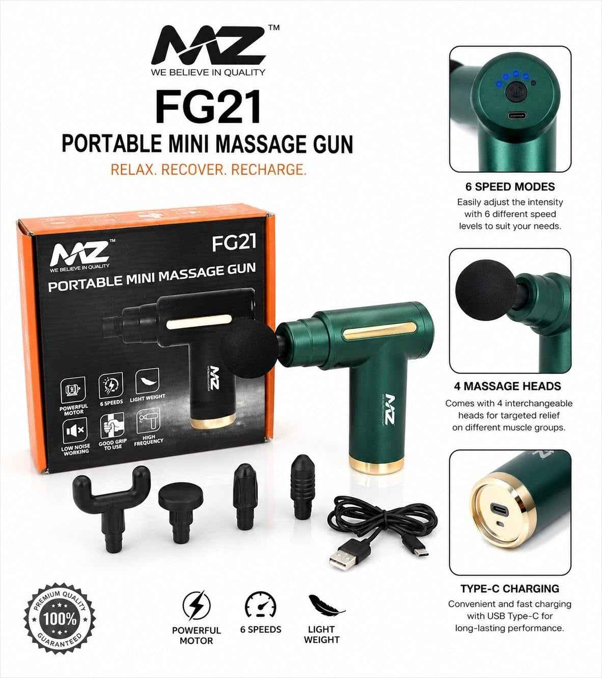 Deep Tissue Massage Gun FG21 – Cordless Percussion Muscle Massager with 7 Heads, 6 Speed Levels & Dual Rechargeable Battery for Back, Neck, Shoulders & Legs