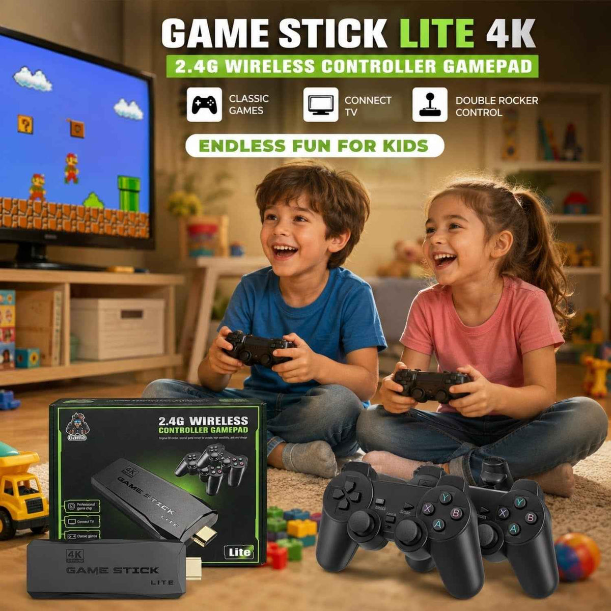 2.4G Wireless HDMI Game Stick with Dual Controllers – Plug & Play Retro Gaming Console for TV, Kids & Adults