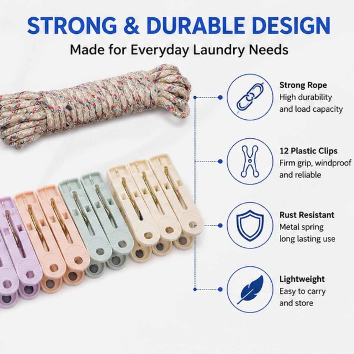 Cloth Drying 5 mtr Rope with 12 Clips – Wind-Resistant Heavy Duty Clothesline with Plastic Pegs for Balcony, Bathroom, Home & Travel