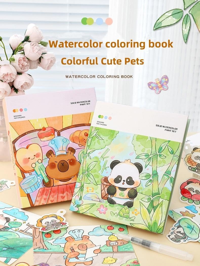 Drawing Book for Kids — Water-Activated Painting Set with Brush & 12 Watercolour Blocks for Ages 3+