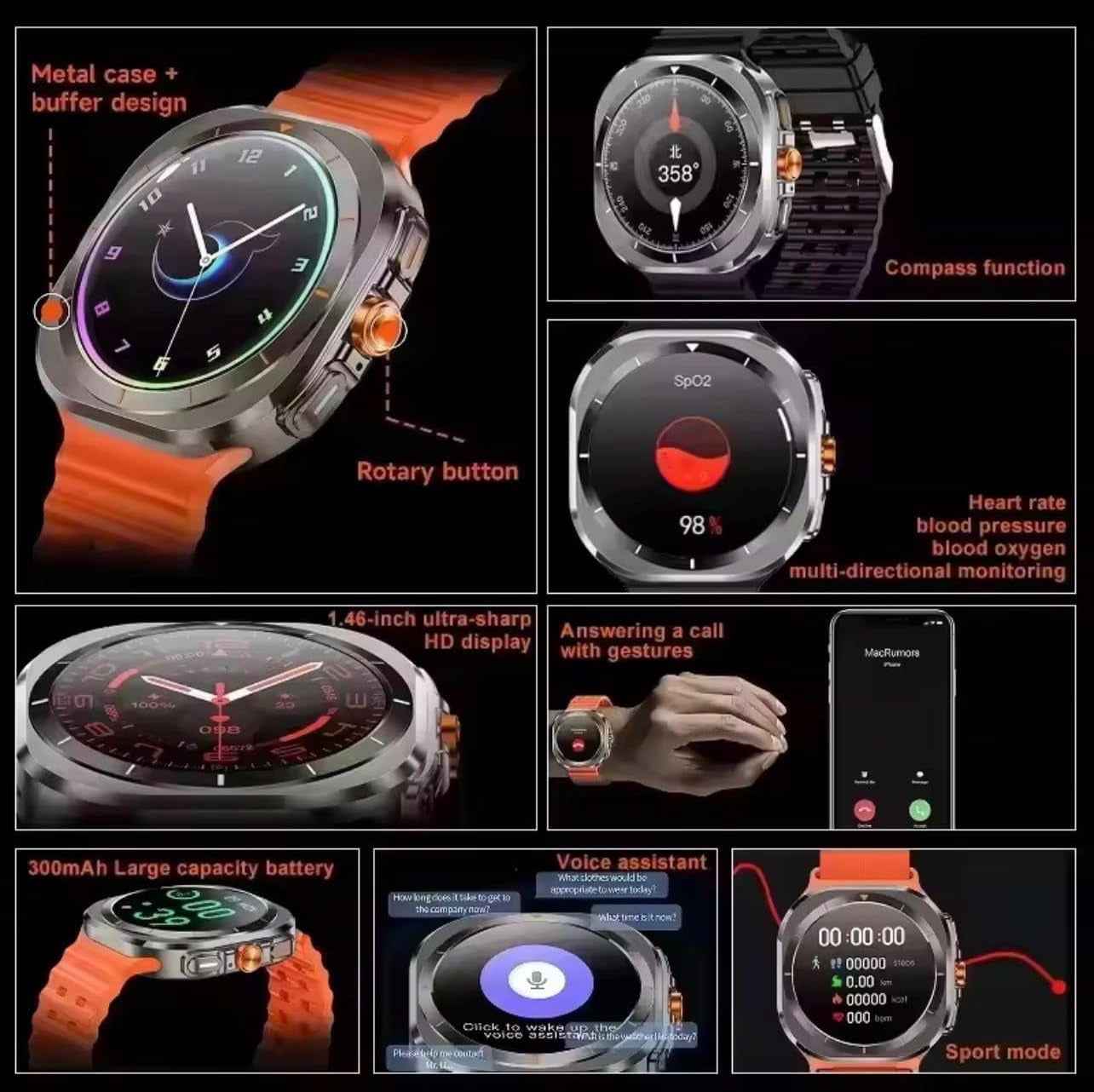 Smart Watch Ultra 1.46" HD Display – Bluetooth Calling Smartwatch with Heart Rate, Sleep & GPS Sports Tracking, 7-Day Battery (Orange)