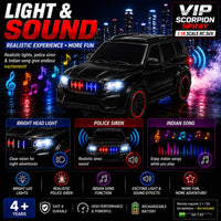 Remote Control Scorpio N Car – Spray, Lights and Music | 1:18 Scale 2.4GHz RC SUV with Police Siren & Rechargeable Battery for Kids 4+