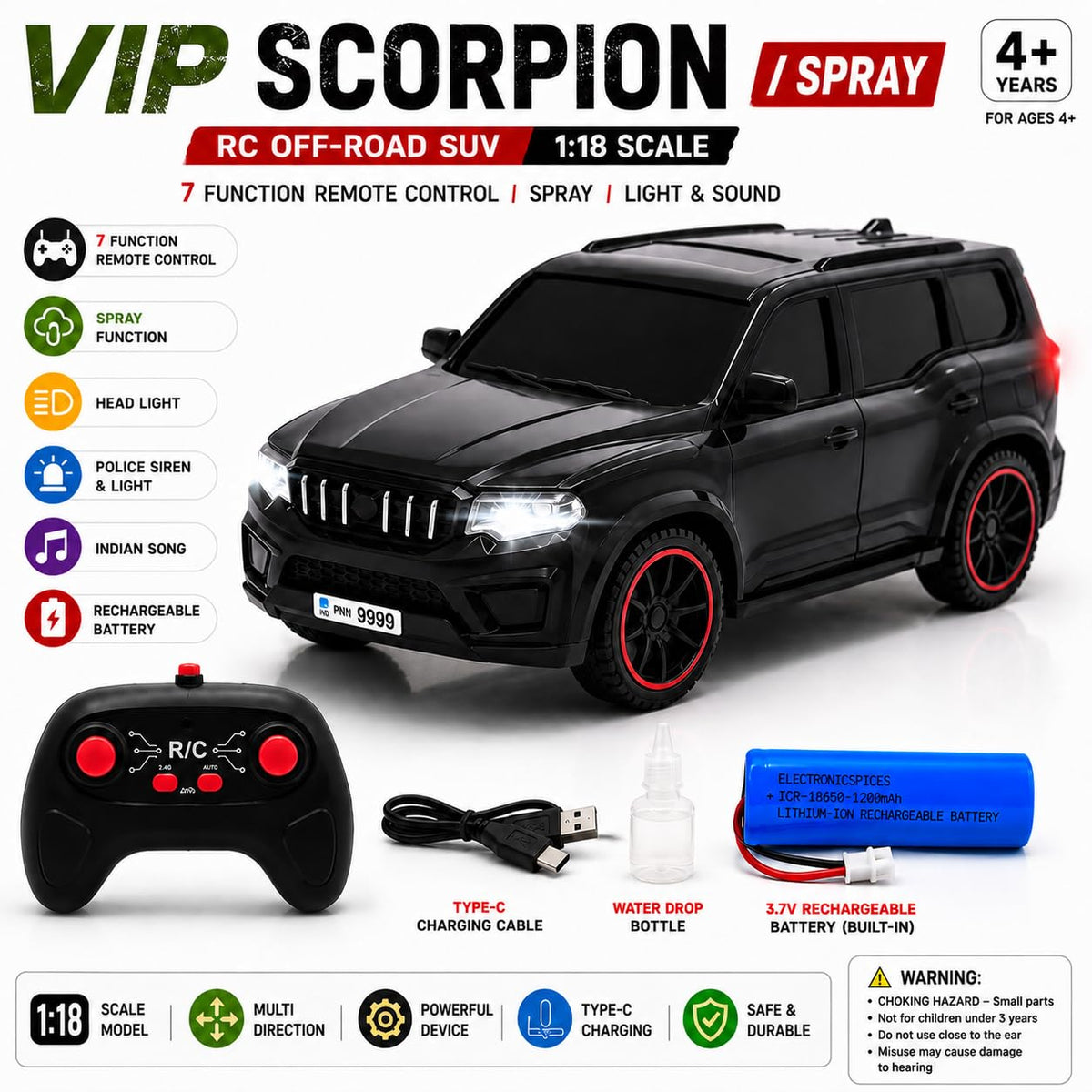 Remote Control Scorpio N Car – Spray, Lights and Music | 1:18 Scale 2.4GHz RC SUV with Police Siren & Rechargeable Battery for Kids 4+