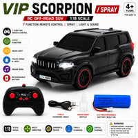Remote Control Scorpio N Car – Spray, Lights and Music | 1:18 Scale 2.4GHz RC SUV with Police Siren & Rechargeable Battery for Kids 4+