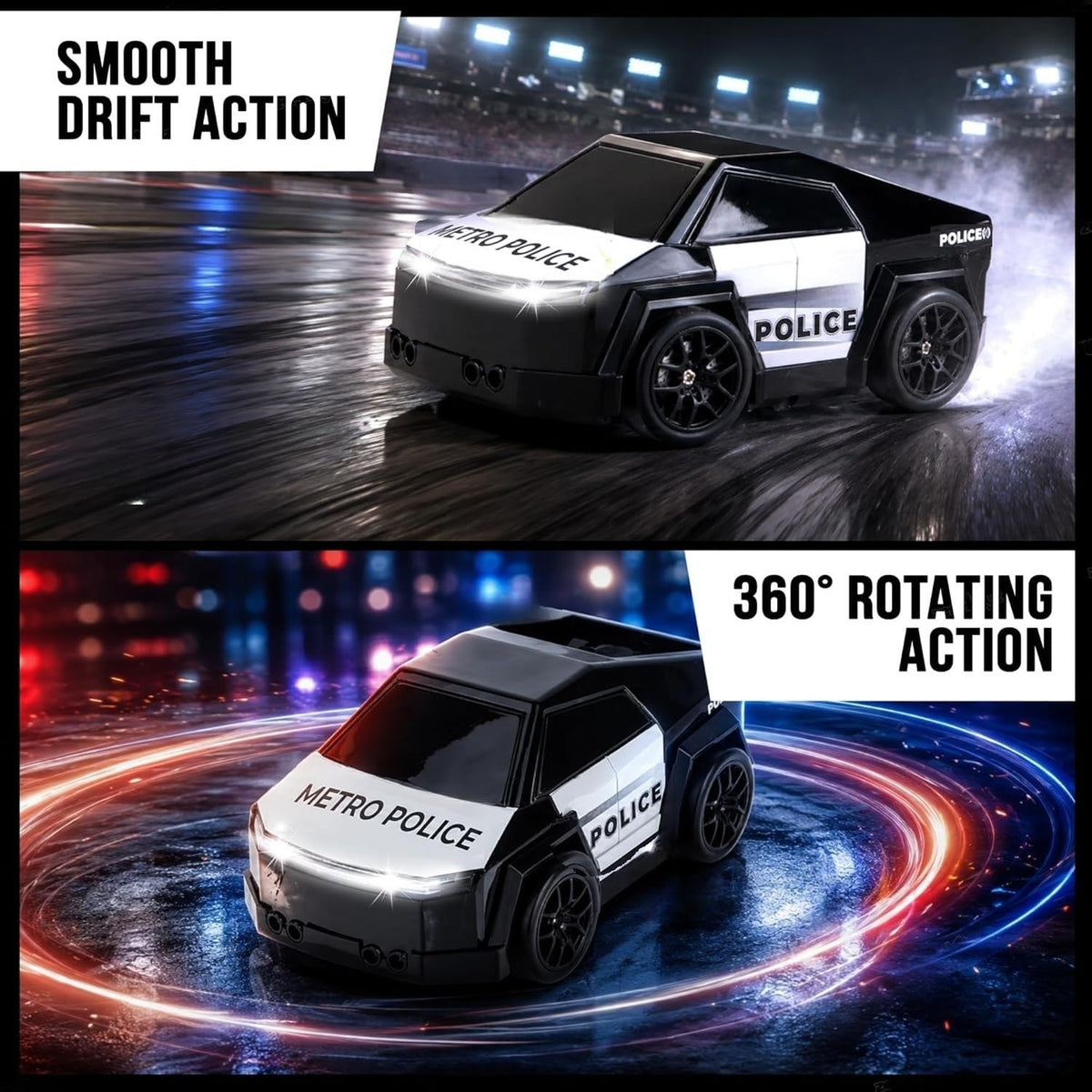 Police RC Drift Cyber Car Toy For Kids – Rechargeable Mini Drift Stunt Car with Spray Mist, LED Lights, Music, Follow & Escape Modes, 360° Spin for Boys & Girls 3+