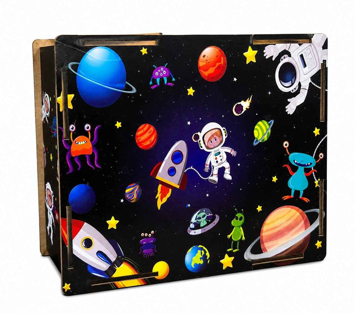 Space Money Saving Box Wooden For Kids & Adults – ₹1,00,000 Savings Challenge Chart Gullak with Coin & Note Slots, Marker Included