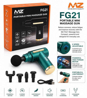 Deep Tissue Massage Gun FG21 – Cordless Percussion Muscle Massager with 7 Heads, 6 Speed Levels & Dual Rechargeable Battery for Back, Neck, Shoulders & Legs