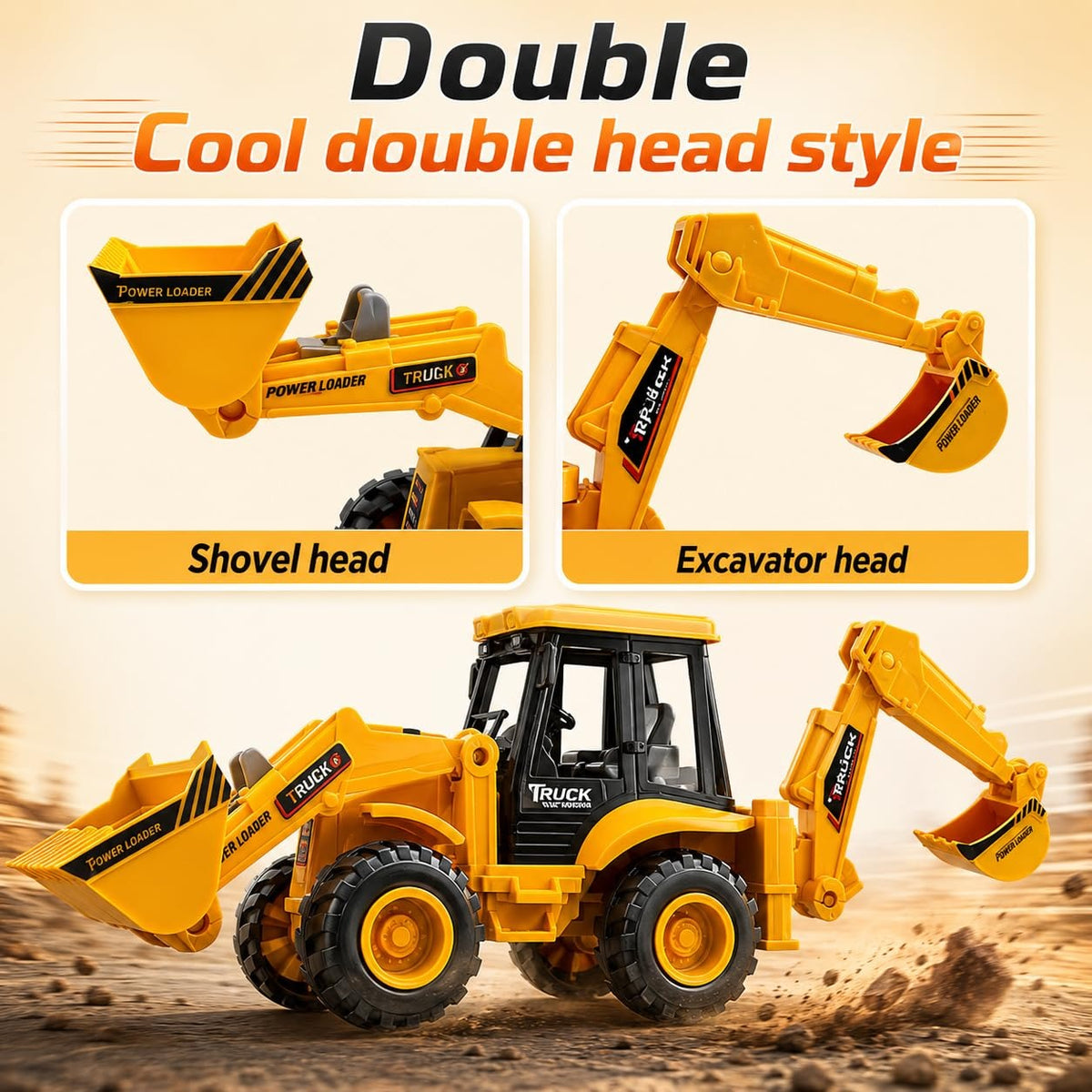 Friction JCB Toy For Kids 3+ Ages – 2-in-1 Bulldozer & Excavator Construction Truck with 180° Rotatable Shovel, Big Rubber Wheels & Push-and-Go Action (Yellow & Black)