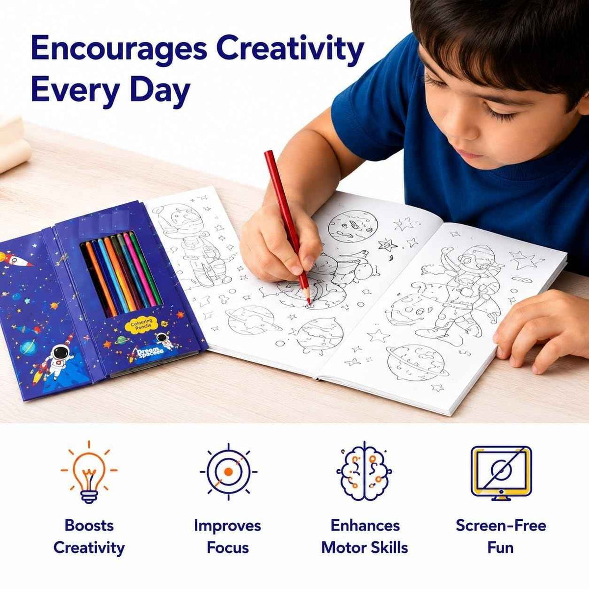 Colouring Book Set for Kids – Art Kit with 30 Colouring Sheets, 14 Scratch Art Pages, 10 Colour Pencils & Wooden Stylus for Boys & Girls 3+ (Space, Unicorn & Dino Themes)
