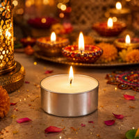 Tealight Candles, Pack of 50, White, 3 Hour Burn Time – Unscented, Dripless Aluminium Cup Tea Lights for Diwali Decor, Weddings & Gifting