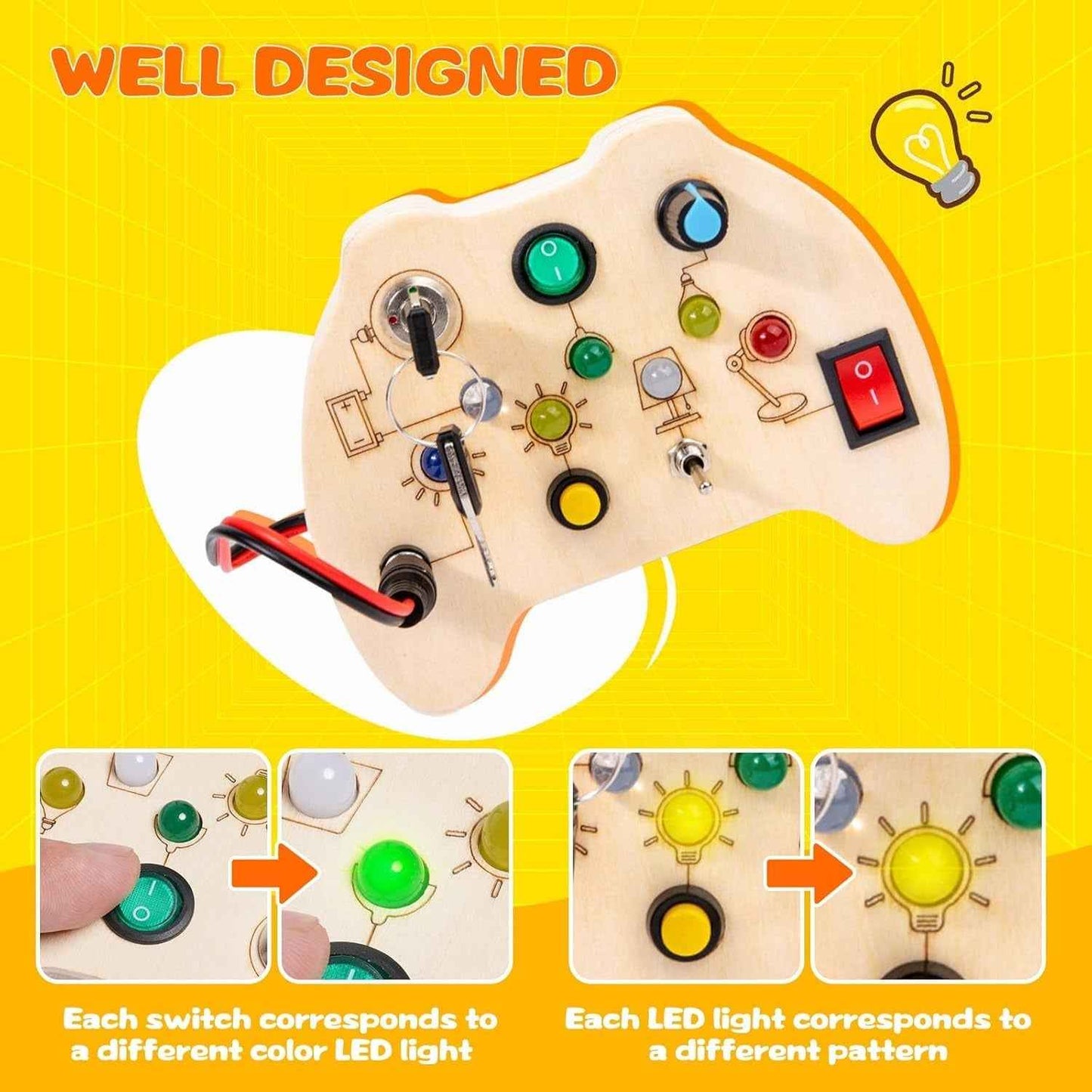 Wooden Busy Board — Controller-Shaped Sensory Toy with LED Lights, Switches & Keys for Toddlers 1–3