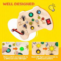 Wooden Busy Board — Controller-Shaped Sensory Toy with LED Lights, Switches & Keys for Toddlers 1–3